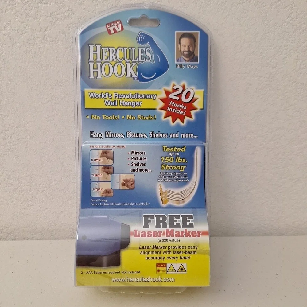 NEW Sealed, Package of 20 Hercules Hooks Wall Picture Hangers BONUS Laser Marker